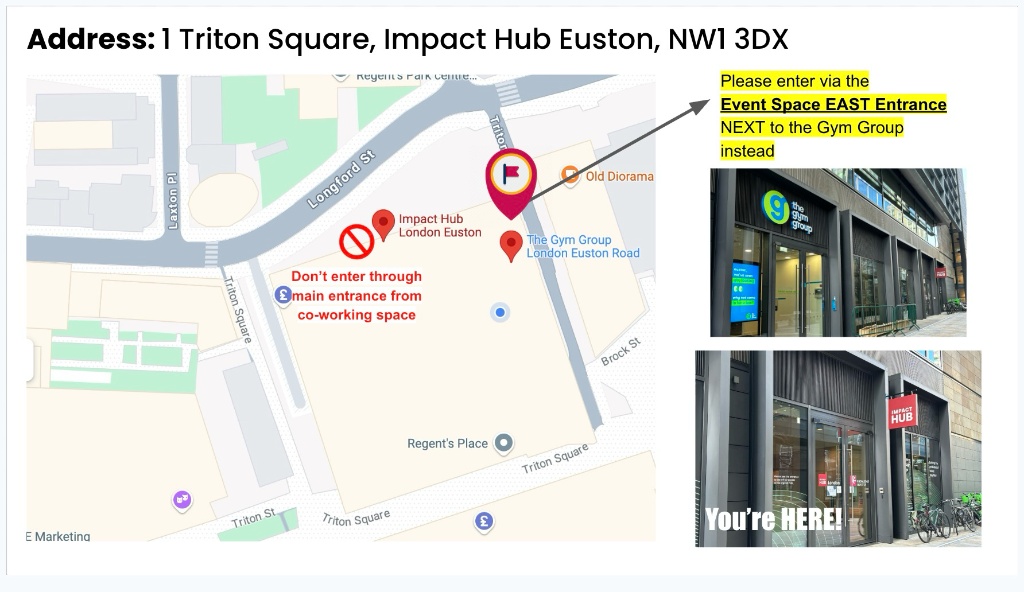 Venue map — please enter via the Event Space EAST Entrance next to the Gym Group